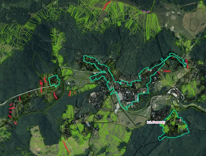 A map view of agricultural and forest land in Donovaly with visible parcels.