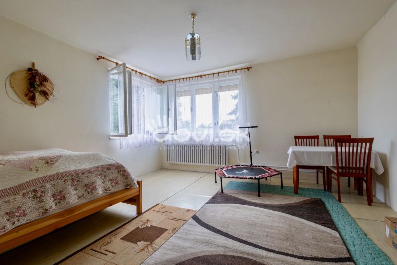A bedroom in a family house with a bed, table, chairs, and a trampoline.
