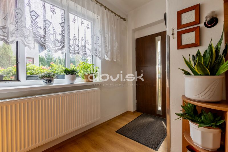 Entrance hallway of a family house with wood-patterned flooring, flower pots, and decorations.