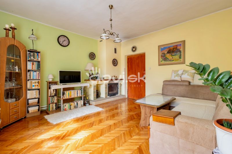 Living room with a sofa, fireplace, bookshelf, and wooden floor decor in a family house.