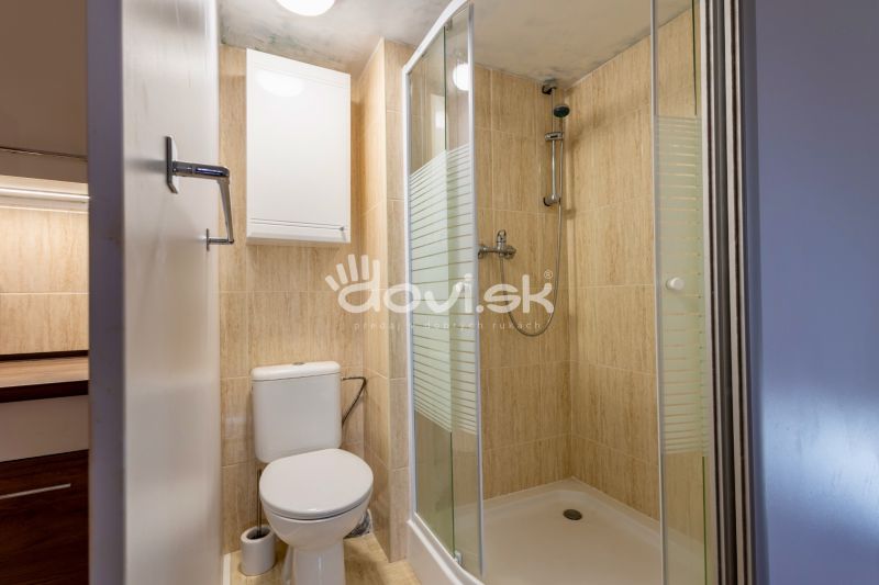 A bathroom in a family house with a toilet and a shower, light tiles.