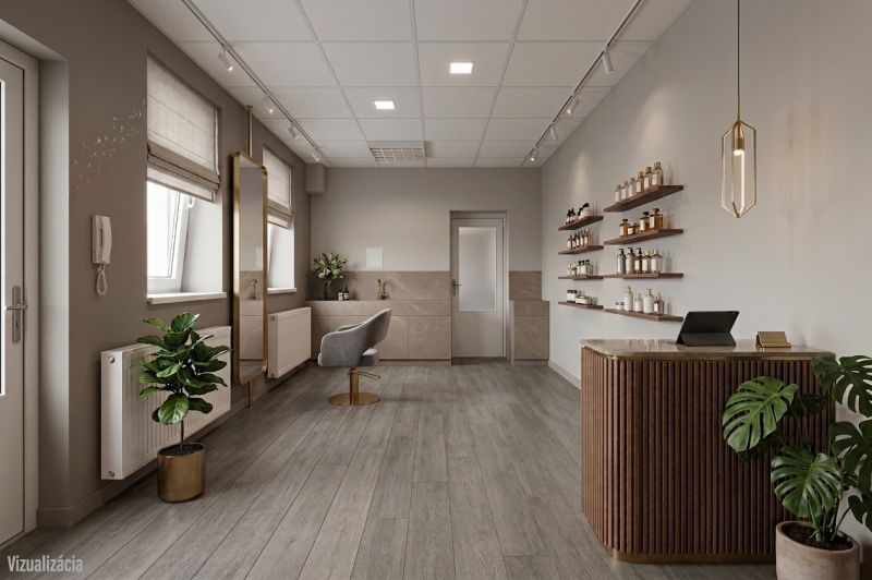 Interior of commercial premises with a counter, decorative shelves, and a wooden decor floor.