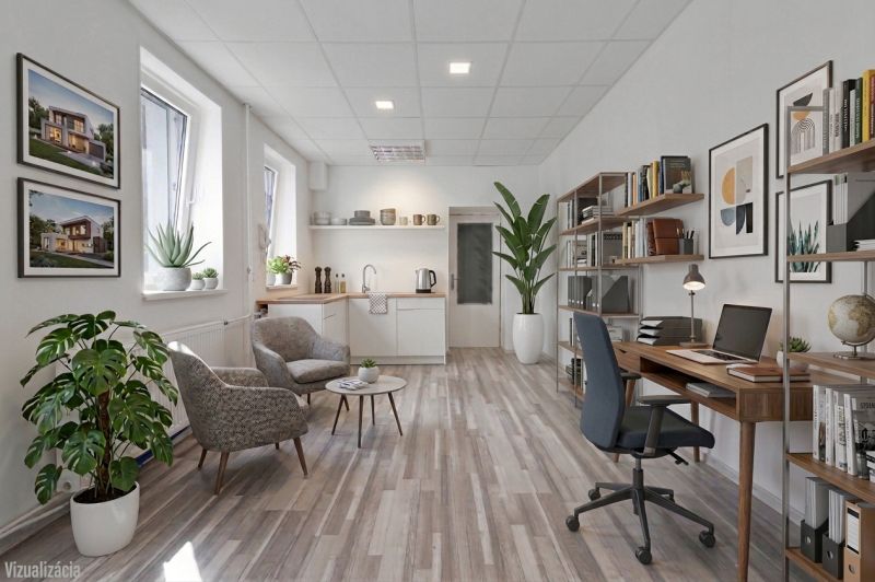 Bright commercial space with wood-patterned flooring, comfortable chairs, and shelves full of books.