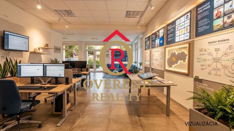 Offices with spacious layout, screens and information panels, floor with wooden decor.