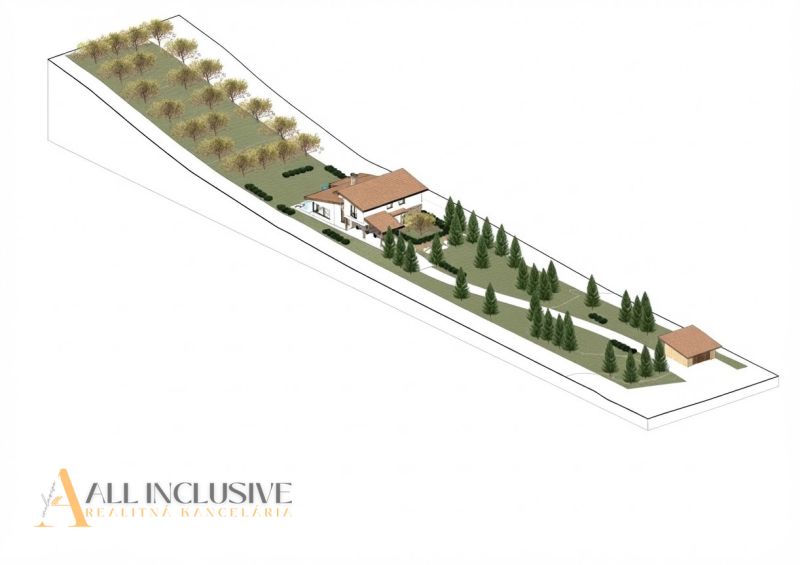 Visualization of a family house in Veličná with a garden and a row of trees.