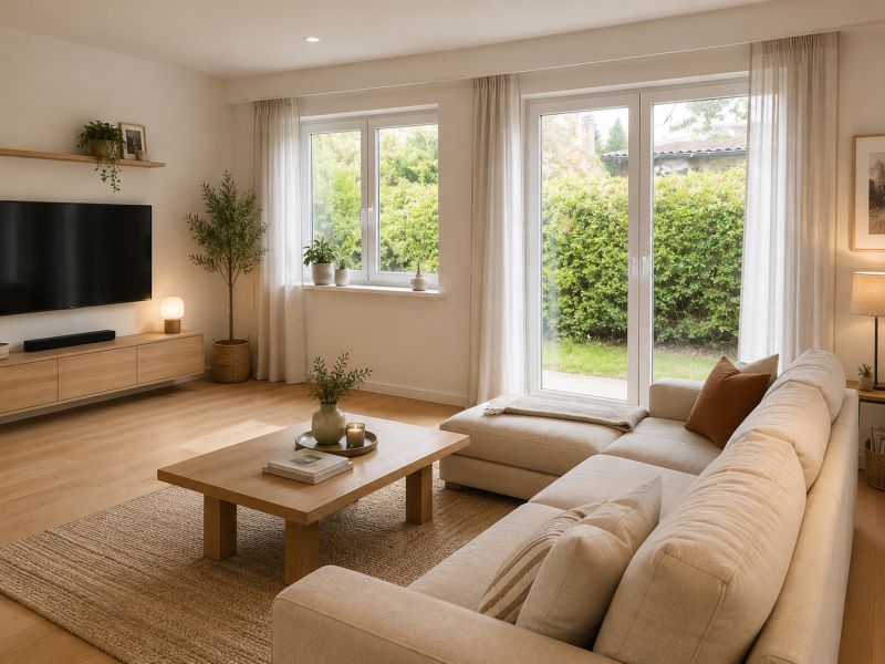 Living room with a comfortable sofa, table, and TV, family house.