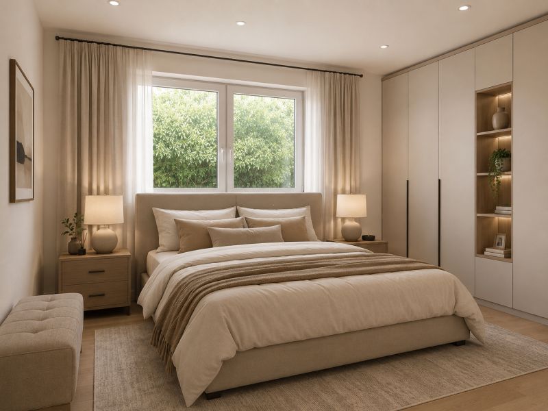 Bedroom with wood-patterned flooring, a comfortable bed, and a built-in wardrobe in a family house.