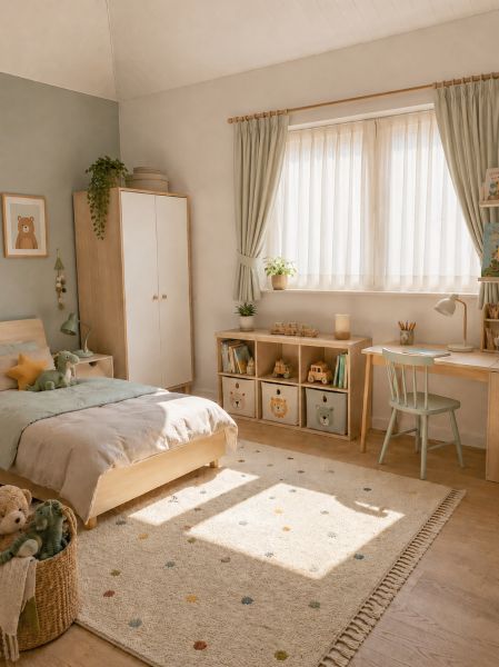 Children's room in a family house with a bed, a desk, and toys on the floor with a wooden decor.