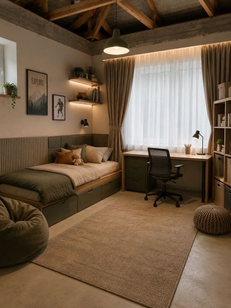 Interior of a family house with a bed, a writing desk, and decorative lighting.