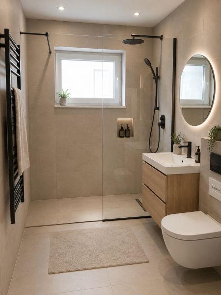 A bathroom in a family house with a shower, a mirror, and light brown tiles.