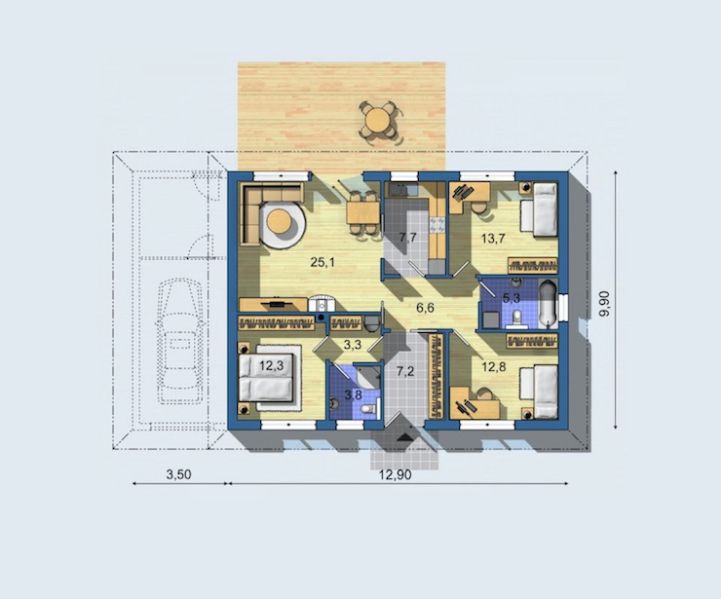 Floor plan of a family house with four rooms and a covered terrace.
