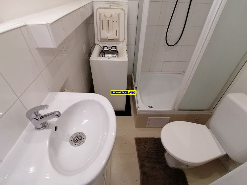 Bathroom with a shower, sink, toilet, and washing machine in a studio apartment.
