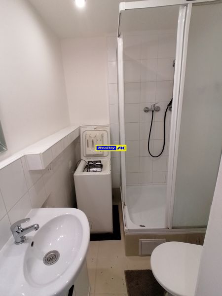 A bathroom in a studio apartment with a sink, shower, and washing machine.