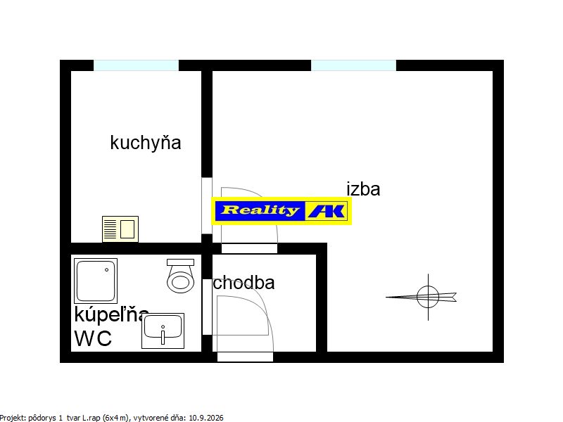 The floor plan of a one-room apartment includes a kitchen, a bathroom with a toilet, and a hallway.