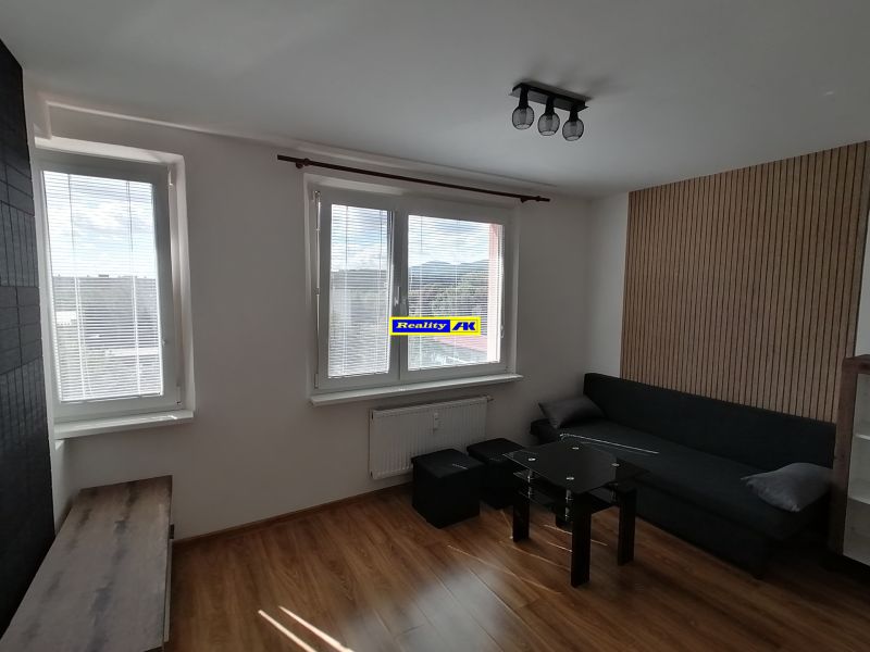 Living room in a studio apartment with wood-patterned flooring and a sofa.