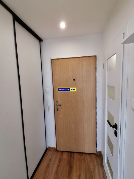 In the 1-room apartment, there is an entrance door with a wooden decor floor.