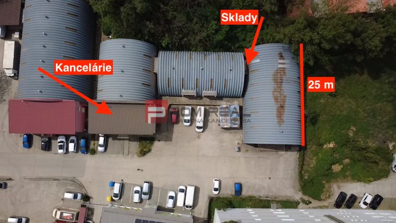 The image shows offices and warehouses on Elektrárenská, Bratislava III from a bird's eye view.