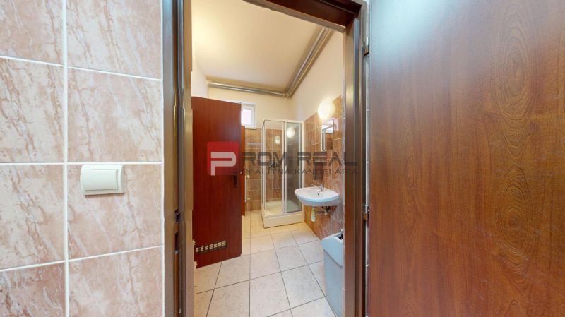 Bathroom with a shower in offices, floor with wood decor, light tiles.