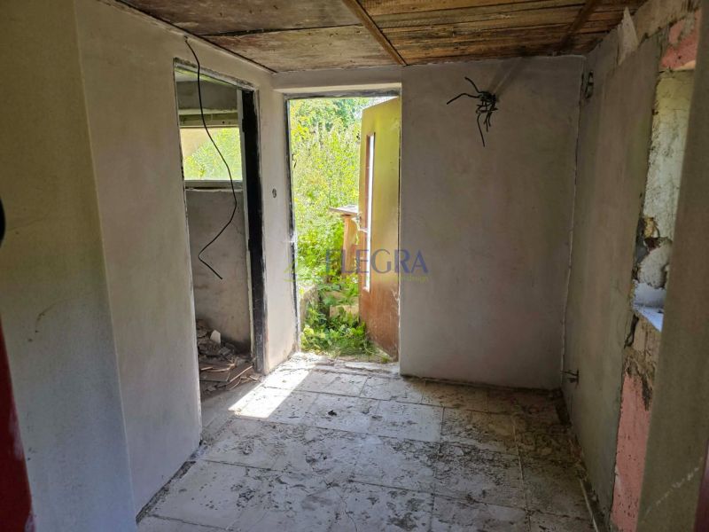 The interior of a cottage with white walls and an unfinished ceiling, entrance to the garden.