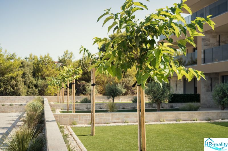 A garden with young trees in a Recreational Apartment in Sevid, surrounded by greenery.