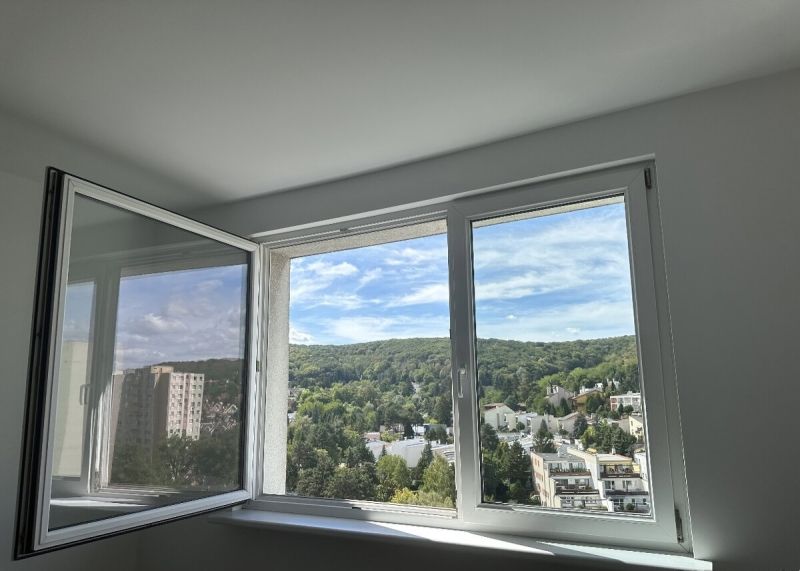 A view from the window overlooking greenery and buildings in a 2-room apartment.