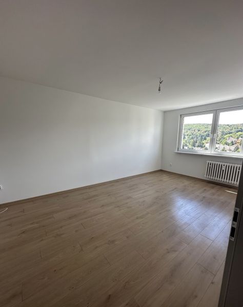 An empty room with a wooden decor floor in a two-room apartment, large window.