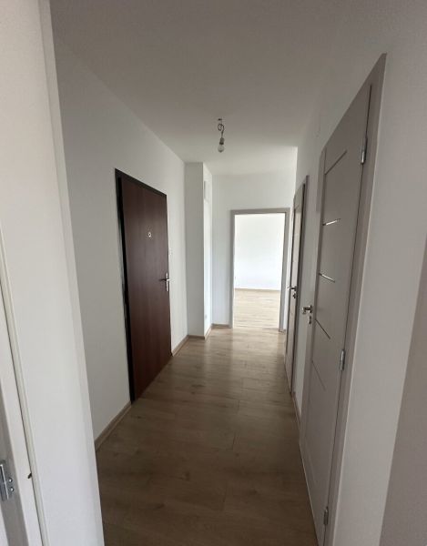 A hallway with white walls and a wooden decor floor in a 2-room apartment.