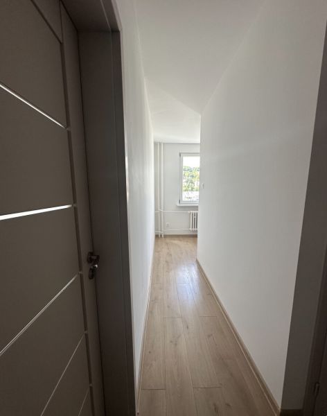A narrow corridor with light walls and a floor with a wooden decor in a 2-room apartment.