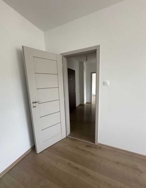 A room with white doors and a wooden decor floor in a 2-room apartment.