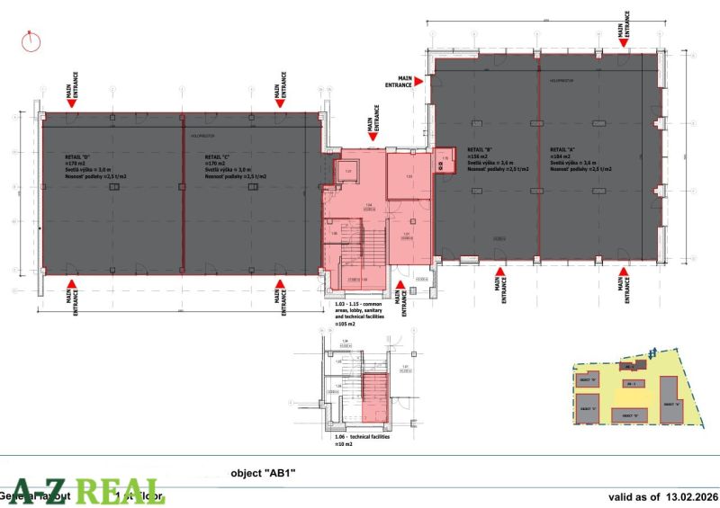 Floor plan of commercial spaces with entrances, technical rooms, and corridors.