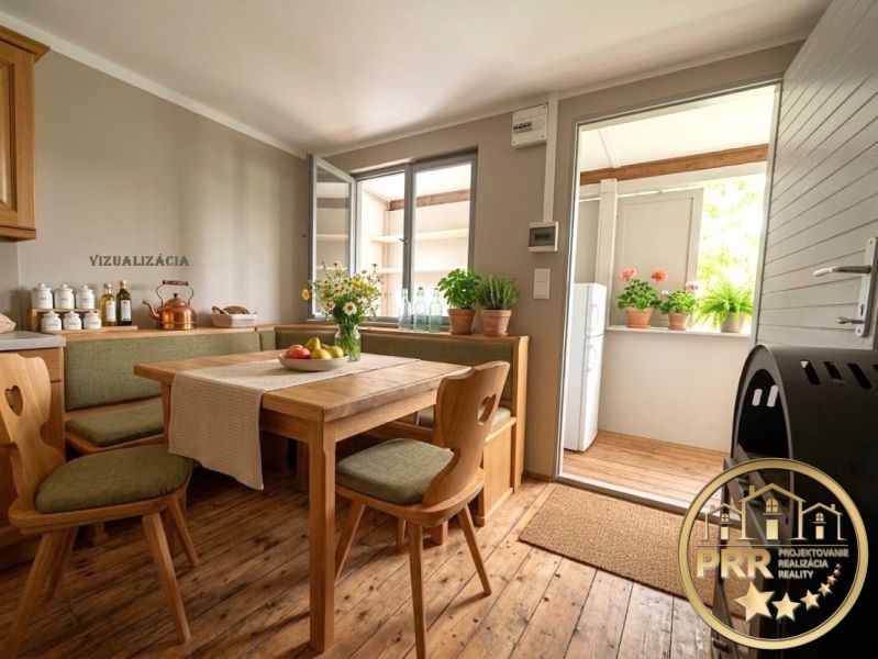 A kitchen space in a cabin with wooden decor and seating in a natural style.
