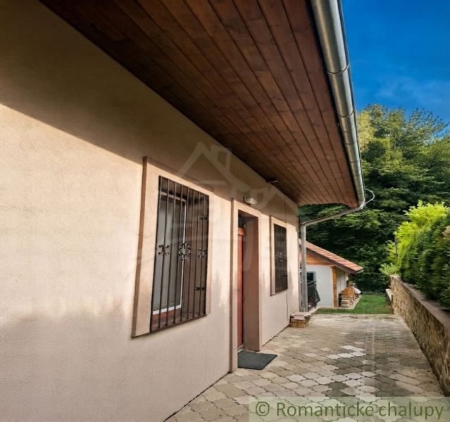 The exterior of the cottage in Ružiná with a paved walkway and wooden roof cladding.