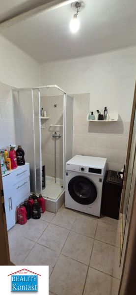 Bathroom in a family house with a sink, shower, and washing machine.