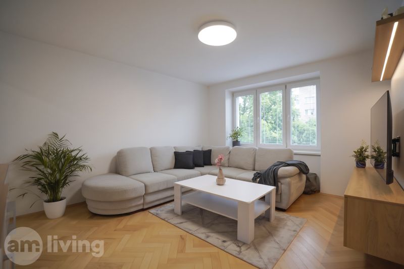 Living room in a 3-room apartment with a sofa and a wooden decor floor.