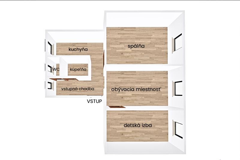 Floor plan of a 3-room apartment with wood-patterned flooring and functional room layout.