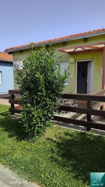 A garden with a green bush in front of the house in Boldog.