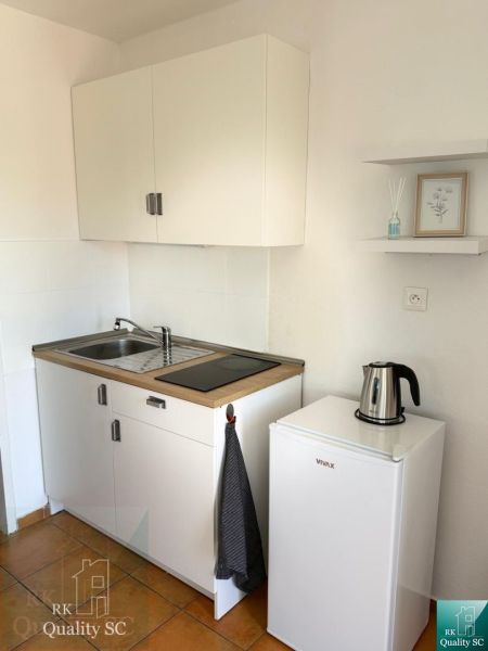 A small kitchen in a studio apartment with a cupboard, refrigerator, and stovetop.