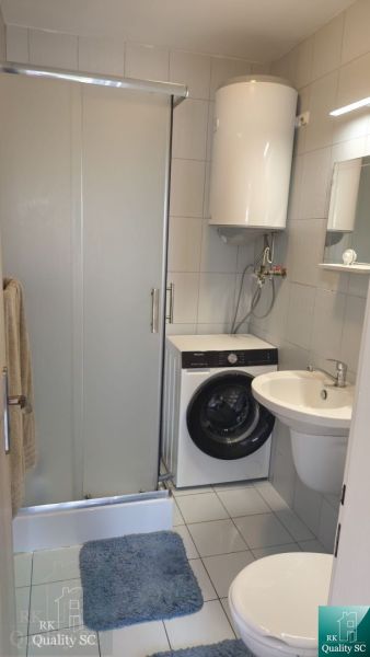 A bathroom with a washing machine, shower, and boiler in a studio apartment.
