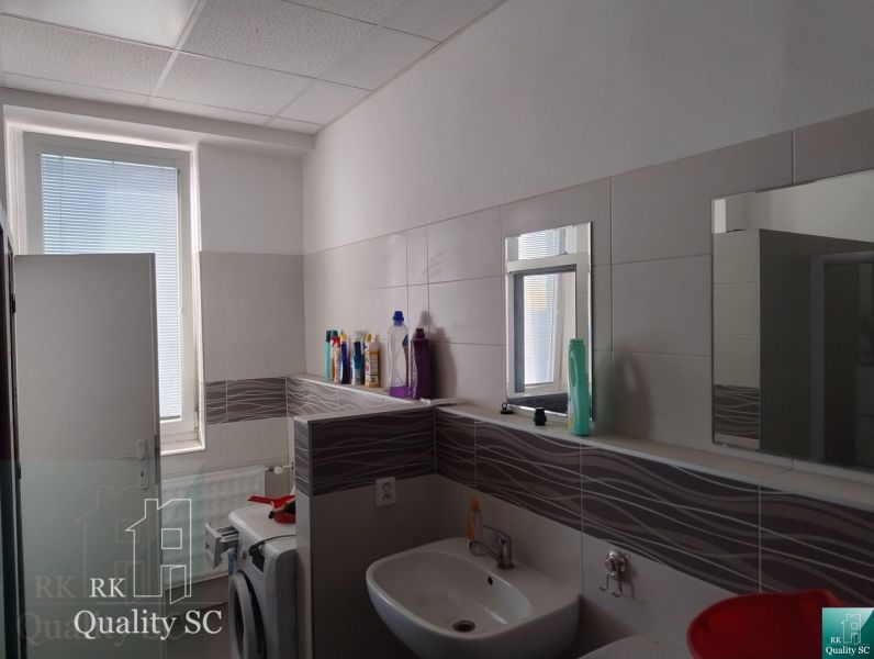 Bathroom with a sink, washing machine, and cleaning products in storage rooms and halls.