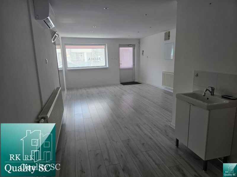 Commercial space with light walls, a sink, and a floor with a wooden decor.