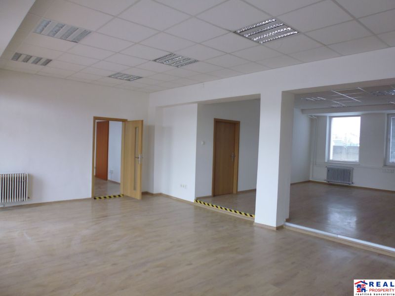 Interior of commercial spaces with wood-patterned flooring and white walls.