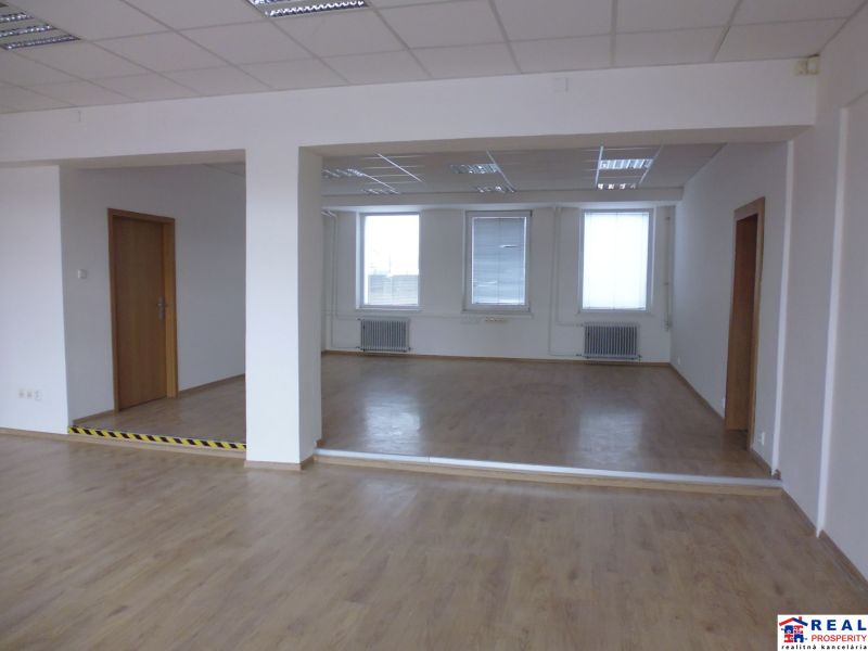 Commercial spaces with wood-patterned flooring and ceiling panels.