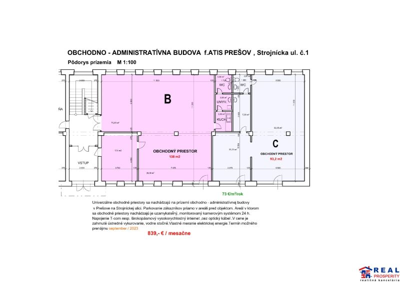 Floor plan of commercial premises for rent on the ground floor on Strojnícka Street in Prešov.