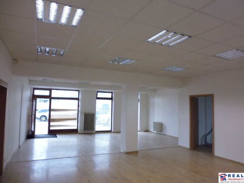 Commercial spaces with large windows and wooden decor flooring.