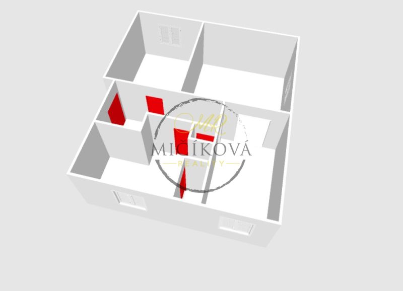3D floor plan of a 2-room apartment with red doors and walls marked.
