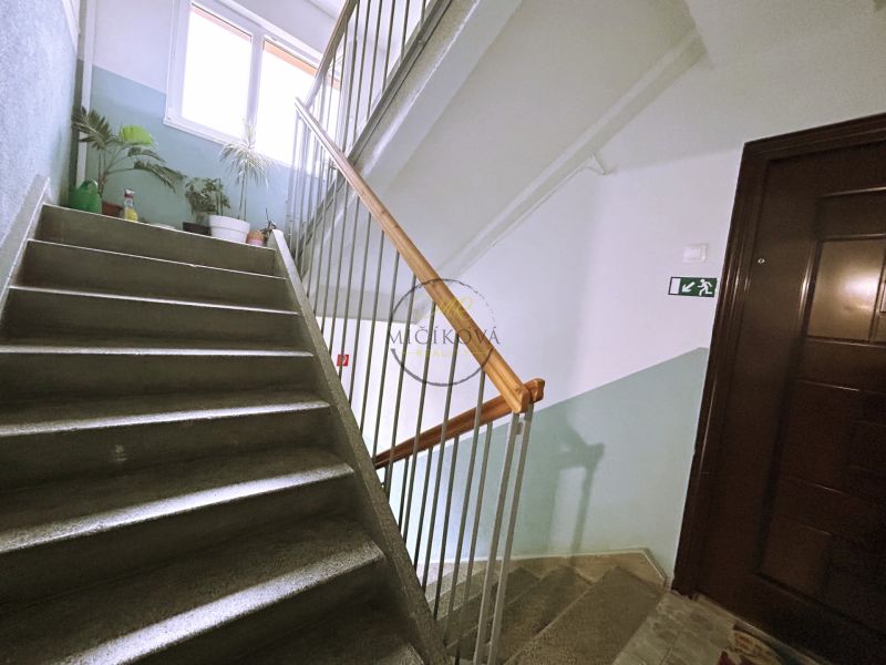 Staircase with greenery and exit signs in an apartment building in Levice on Ľudovíta Štúra.