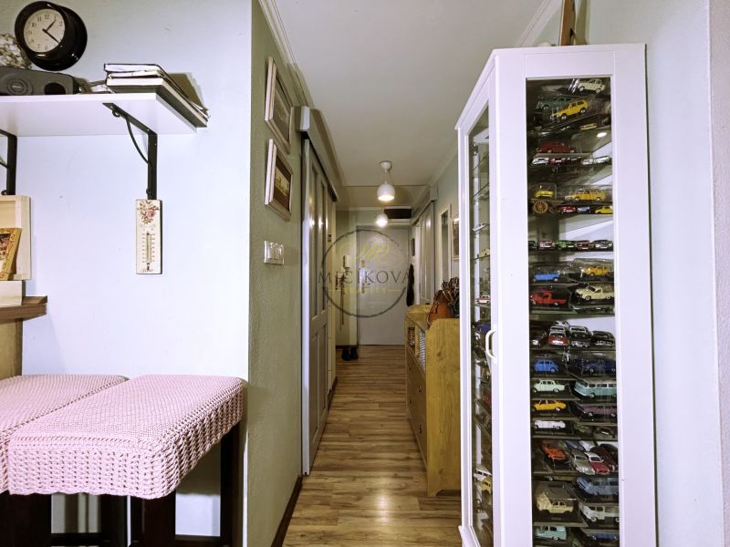 A hallway in a 2-room apartment with a showcase full of model cars and a floor with a wooden decor.