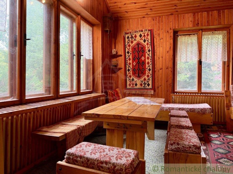 Interior of a cabin with wooden paneling, a carpet on the wall, and large windows.