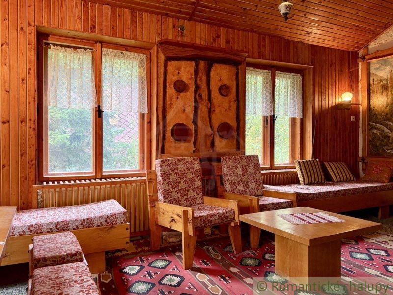 The interior of the cabin with wooden paneling, retro furniture, and a colorful carpet.