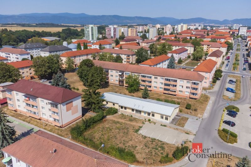 A view of commercial spaces in Žiar nad Hronom on Š. Moysesa with apartment buildings and a panorama.